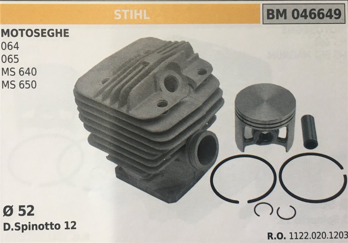 CILINDRO COMPLETO DI PISTONE E SEGMENTI BRUMAR STIHL MOTOSEGHE 064 065 MS 640 MS 650    Ø 52 D. Spinotto 12