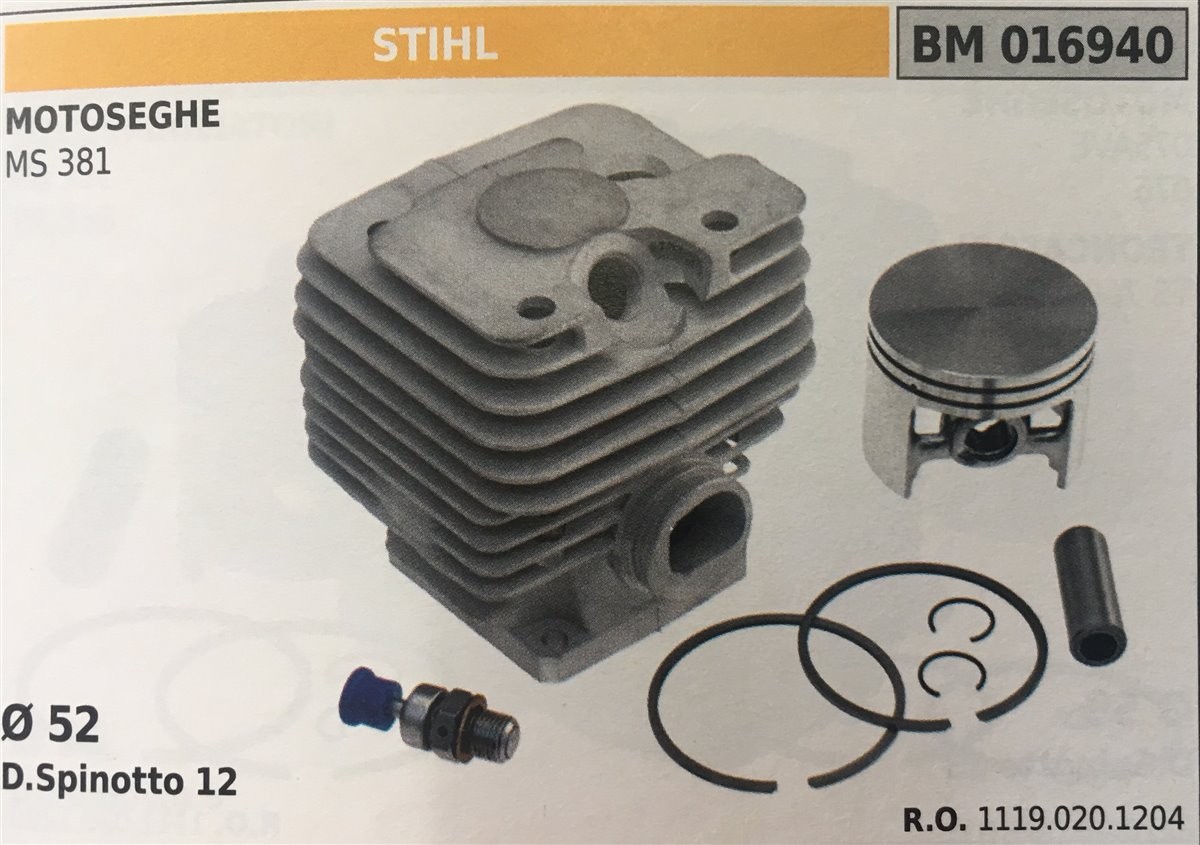 CILINDRO COMPLETO DI PISTONE E SEGMENTI BRUMAR STIHL MOTOSEGHE MS 381    Ø 52 D. Spinotto 12