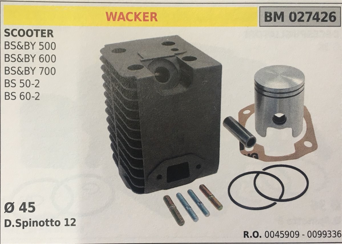 CILINDRO COMPLETO DI PISTONE E SEGMENTI BRUMAR WACKER SCOOTER BS&BY 500 BS&BY 600 BS&BY 700 BS 50-2 BS 60-2    Ø 45 D. Spinotto 12
