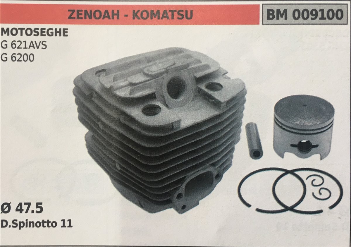 CILINDRO COMPLETO DI PISTONE E SEGMENTI BRUMAR ZENOAH - KOMATSU MOTOSEGHE G 621AVS G 6200    Ø 47.5 D. Spinotto 11