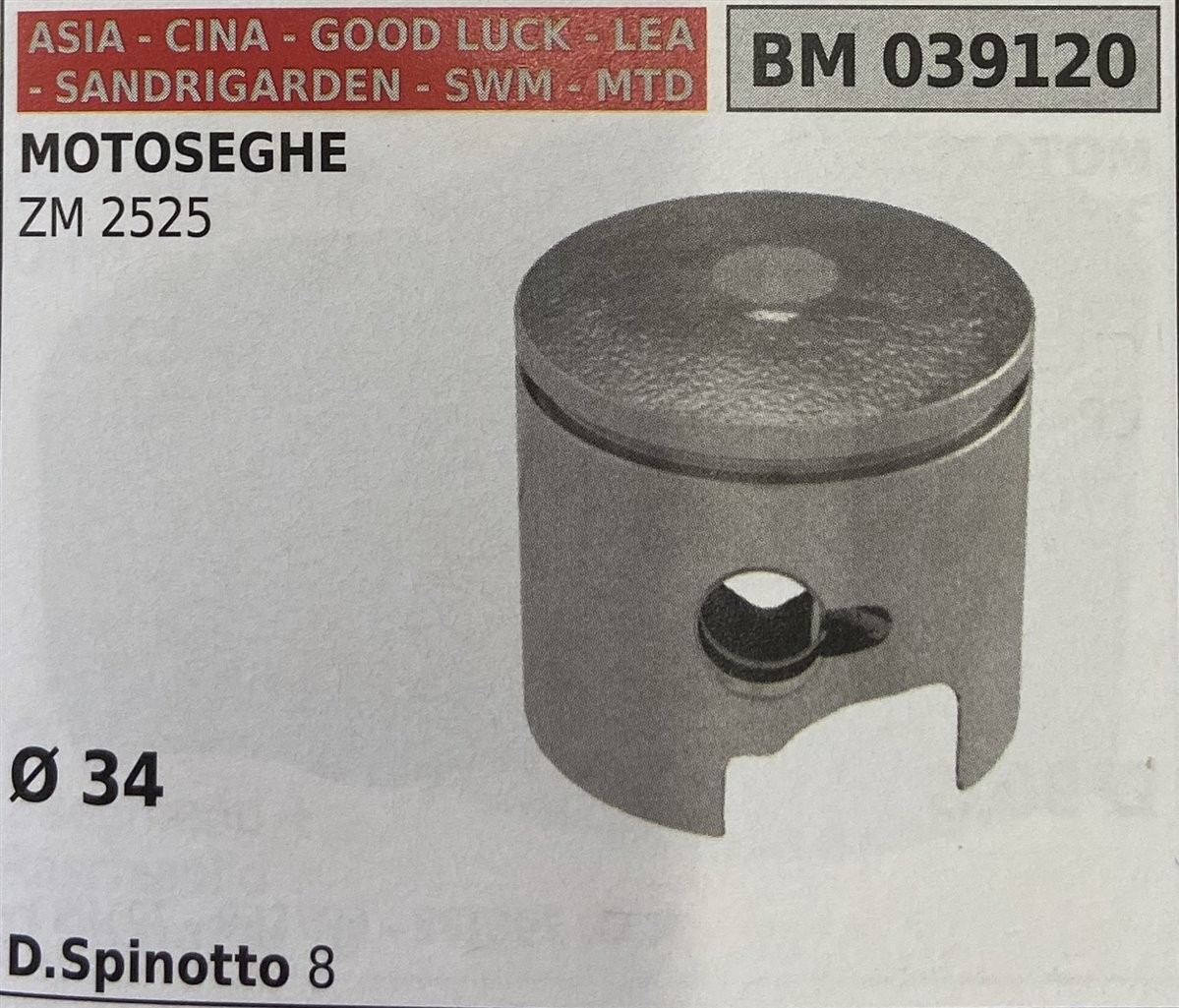 BRUMAR PISTONE COMPLETO ASIA - CINA - GOOD LUCK - LEA - SANDRIGARDEN - SWM - MTD MOTOSEGHE ZM 2525  Ø 34 D.Spinotto 8  R.O. -