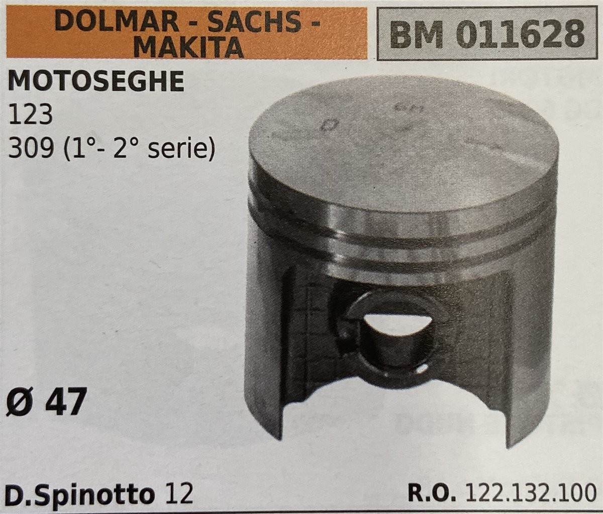 BRUMAR PISTONE COMPLETO DOLMAR - SACHS - MAKITA MOTOSEGHE 123 309 (1° - 2° serie)  Ø 47 D.Spinotto 12  R.O. 122.132.100