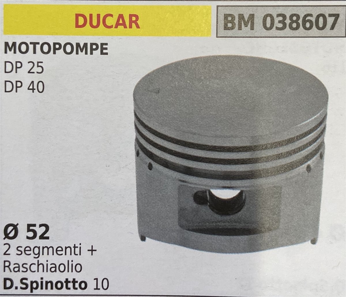 BRUMAR PISTONE COMPLETO DUCAR MOTOPOMPE DP 25 DP 40  Ø 52 2 Segmenti + raschiaolio D.Spinotto 10  R.O. -