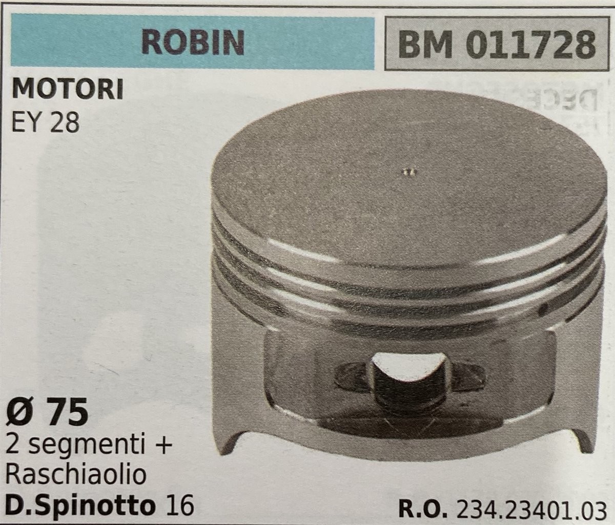 BRUMAR PISTONE COMPLETO ROBIN MOTORI EY 28  Ø 75 2 segmenti + raschiaolio D. Spinotto 16  R.O. 234.23401.03