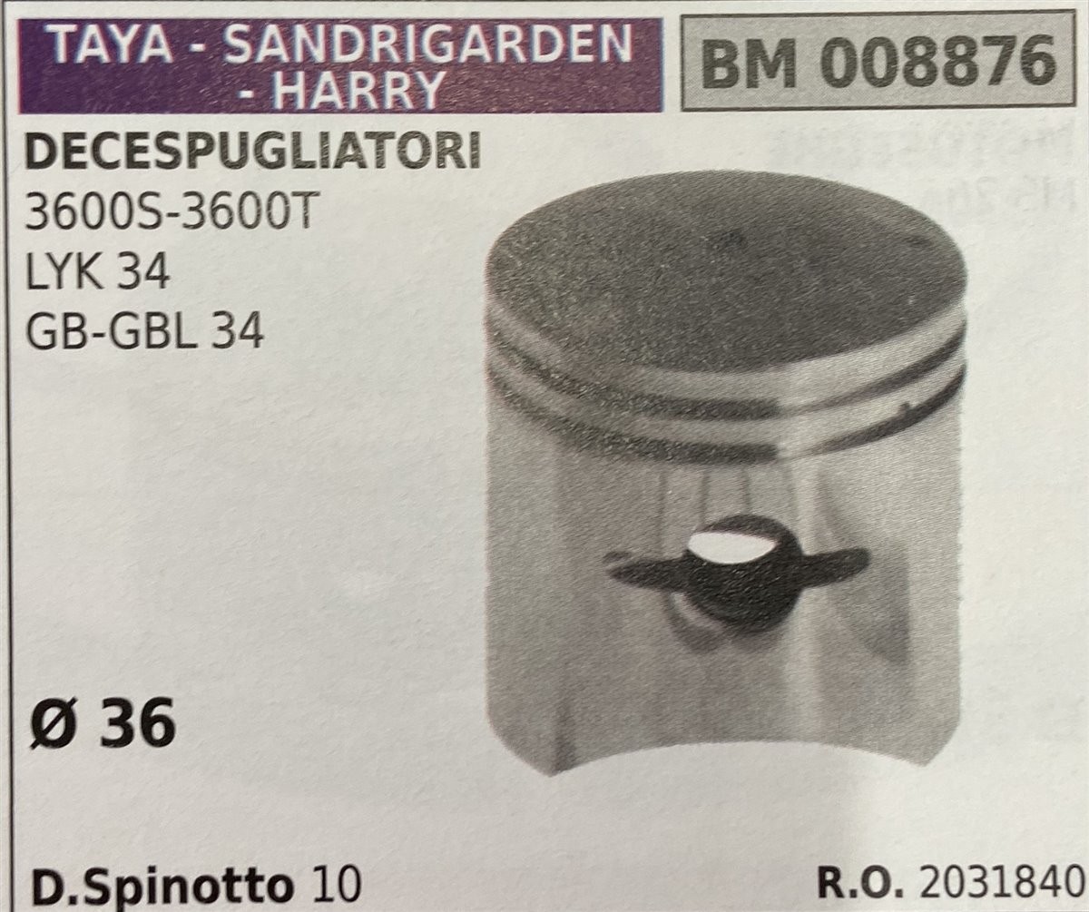 BRUMAR PISTONE COMPLETO TAYA - SANDRIGARDEN - HARRY DECESPUGLIATORI 3600S-3600T LYK 34 GB-GBL 34  Ø 36 D. Spinotto 10 R.O. 2031840