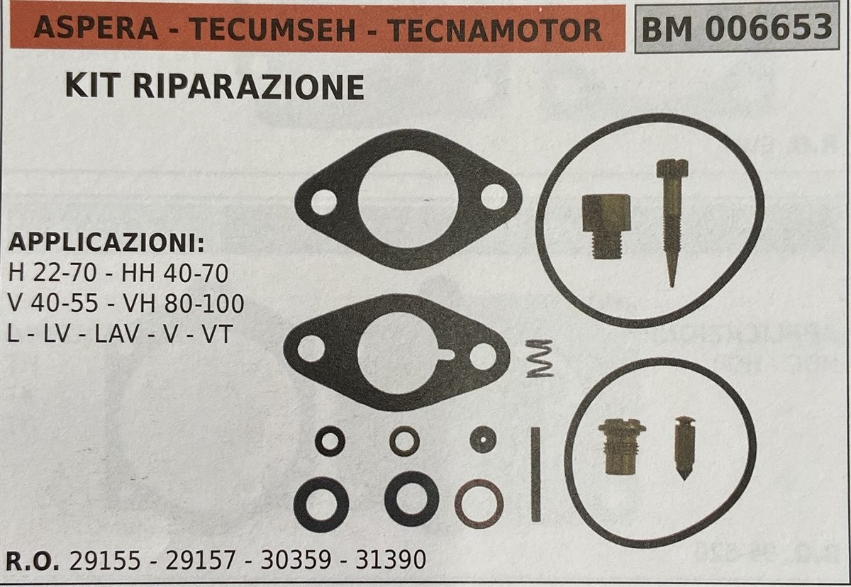BRUMAR MEMBRANA/KIT RIPARAZIONE ASPERA - TECUMSEH - TECNAMOTOR  KIT RIPARAZIONE  APPLICAZIONI: H 22-70 - HH 40-70 V 40-55 - VH 80-100 L - LV - LAV - V - VT  R.O. 29155 - 29157 - 30359 - 31390