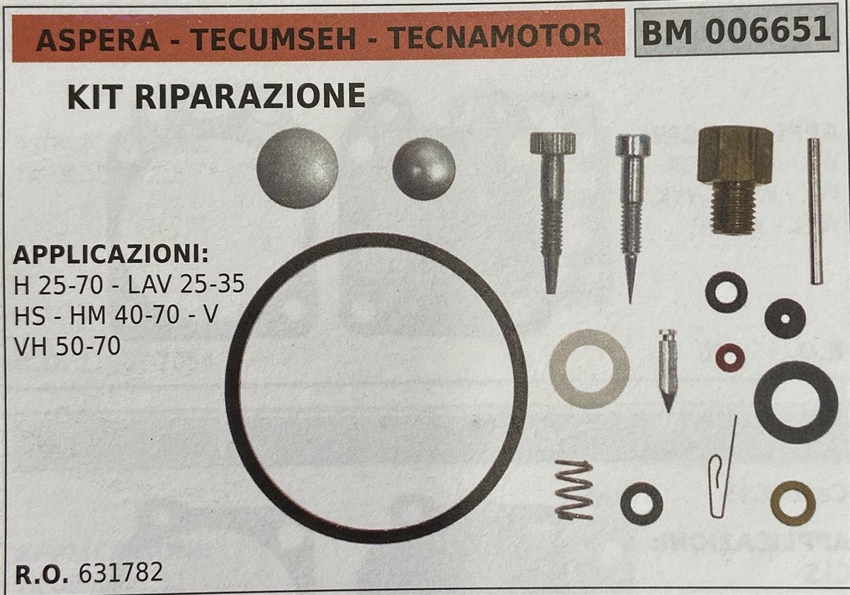BRUMAR MEMBRANA/KIT RIPARAZIONE ASPERA - TECUMSEH - TECNAMOTOR  KIT RIPARAZIONE  APPLICAZIONI: H 25-70 - LAV 25-35 HS - HM 40-70 - V VH 50-70   R.O. 631782