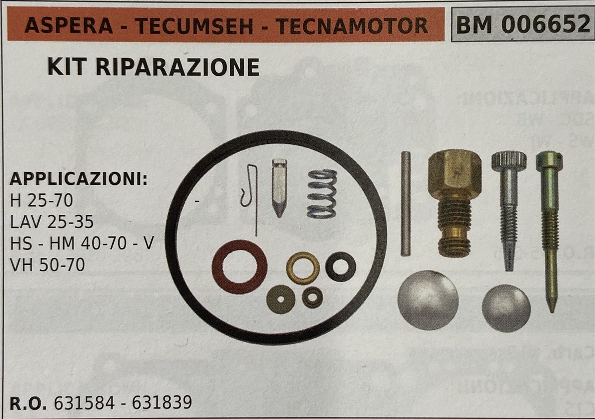 BRUMAR MEMBRANA/KIT RIPARAZIONE ASPERA - TECUMSEH - TECNAMOTOR  KIT RIPARAZIONE  APPLICAZIONI: H 25-70  LAV 25-35 HS - HM 40-70 - V VH 50-70   R.O. 631584 - 631839