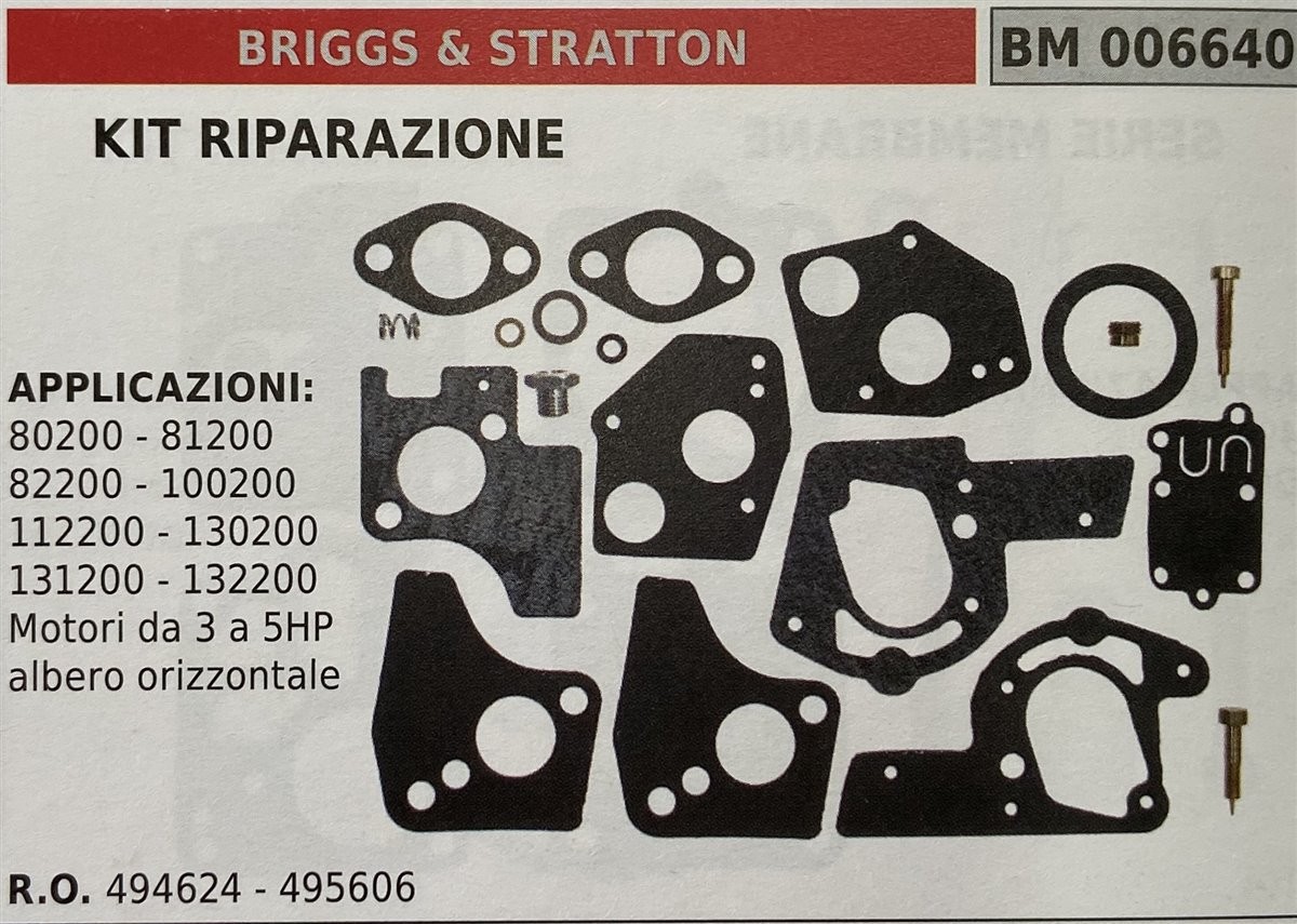 BRUMAR MEMBRANA/KIT RIPARAZIONE BRIGGS & STRATTON  KIT RIPARAZIONE  APPLICAZIONI: 92500 - 93500 94500 - 95500 Motori da 3 a 5HO albero orizzontale   R.O. 494624 - 495606