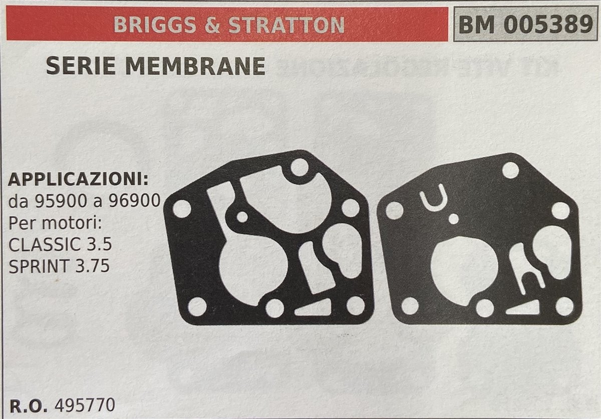 BRUMAR MEMBRANA/KIT RIPARAZIONE BRIGGS & STRATTON  SERIE MEMBRANE  APPLICAZIONI: da 95900 a 96900 per motori: CLASSIC 3.5 SPRINT 3.75   R.O. 495770
