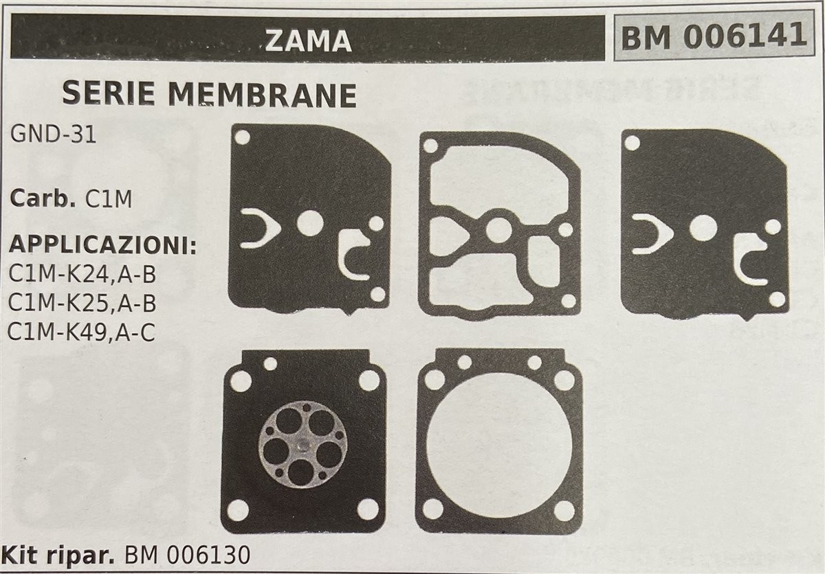 BRUMAR MEMBRANA/KIT RIPARAZIONE ZAMA  SERIE MEMBRANE GND-31  Carb. C1M  APPLICAZIONI: C1M-K24,A-B C1M-K25,A-B C1M-K49,A-C  Kit ripar. BM 006130