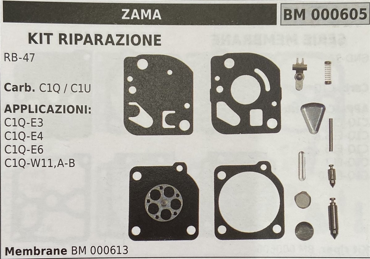 BRUMAR MEMBRANA/KIT RIPARAZIONE ZAMA  KIT RIPARAZIONE RB-47  Carb. C1Q / C1U  APPLICAZIONI: C1Q-E3 C1Q-E4 C1Q-E6 C1Q-W11,A-B  Membrane BM 000613