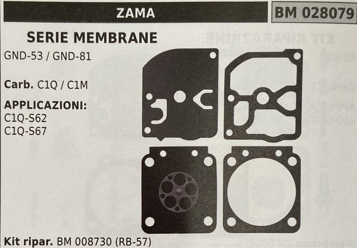 BRUMAR MEMBRANA/KIT RIPARAZIONE ZAMA  SERIE MEMBRANE GND-53 / GND-81  Carb. C1Q  APPLICAZIONI: C1Q-S62 C1Q-S67  Kit ripar. BM 008730 (RB-57)