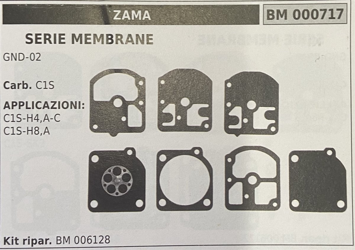 BRUMAR MEMBRANA/KIT RIPARAZIONE ZAMA  SERIE MEMBRANE GND-02  Carb. C1S  APPLICAZIONI: C1S-H4,A-C C1S-H8,A  Kit ripar. BM 006128