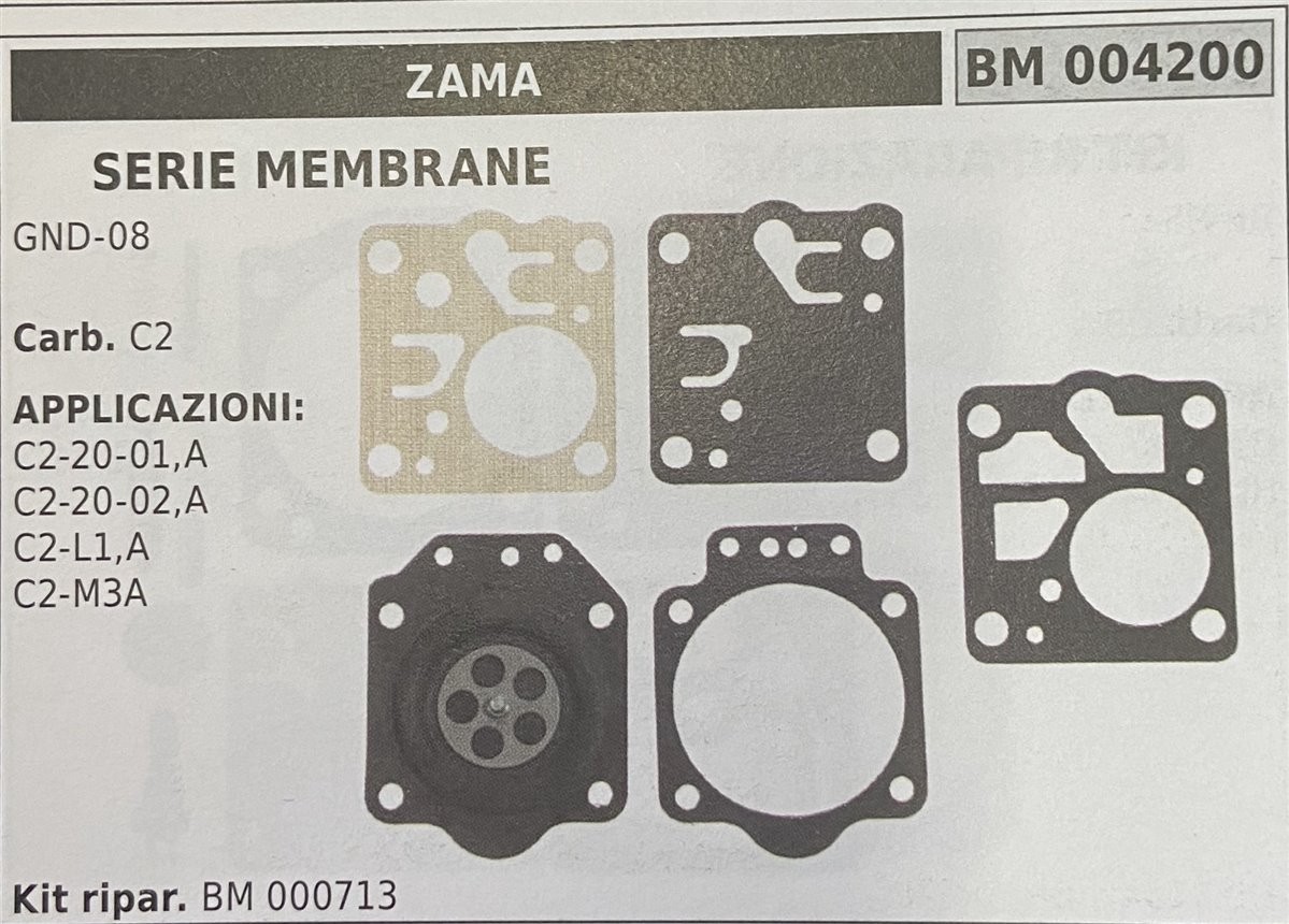 BRUMAR MEMBRANA/KIT RIPARAZIONE ZAMA  SERIE MEMBRANE GND-08  Carb. C2  APPLICAZIONI: C2-20-01,A C2-20-02,A C2-L1,A C2-M3A  Kit ripar. BM 000713