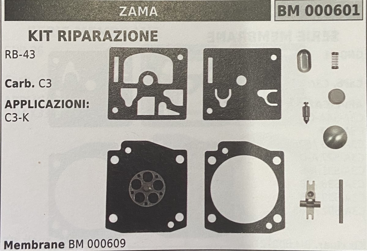 BRUMAR MEMBRANA/KIT RIPARAZIONE ZAMA  KIT RIPARAZIONE RB-43  Carb. C3  APPLICAZIONI: C3-K  Membrane BM 000609