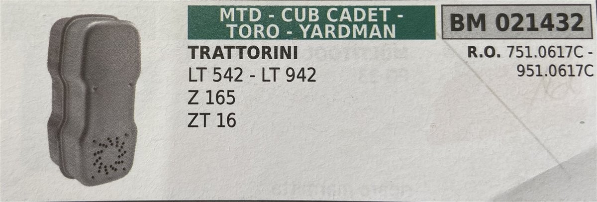 BRUMAR MARMITTA MTD - CUB CADET - TORO - YARDMAN   TRATTORINI LT 542 - LT 942 Z 165 ZT 16  R.O. 751.0617C - 951.0617C
