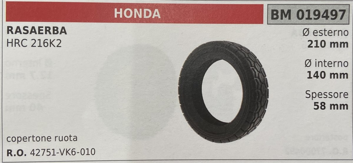 BRUMAR RUOTA RASAERBA HONDA  RASAERBA HRC 216K2  copertone ruota Ø esterno 210 mm Ø interno 140 mm spessore 58 mm  R.O. 42751-VK6-010