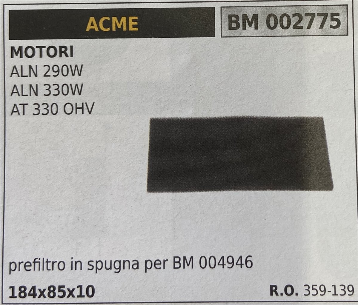 BRUMAR FILTRO ARIA ACME  MOTORI ALN 290W ALN 330W AT 330 OHV  prefiltro in spugna per BM 004946 184x85x10 R.O. 359-139