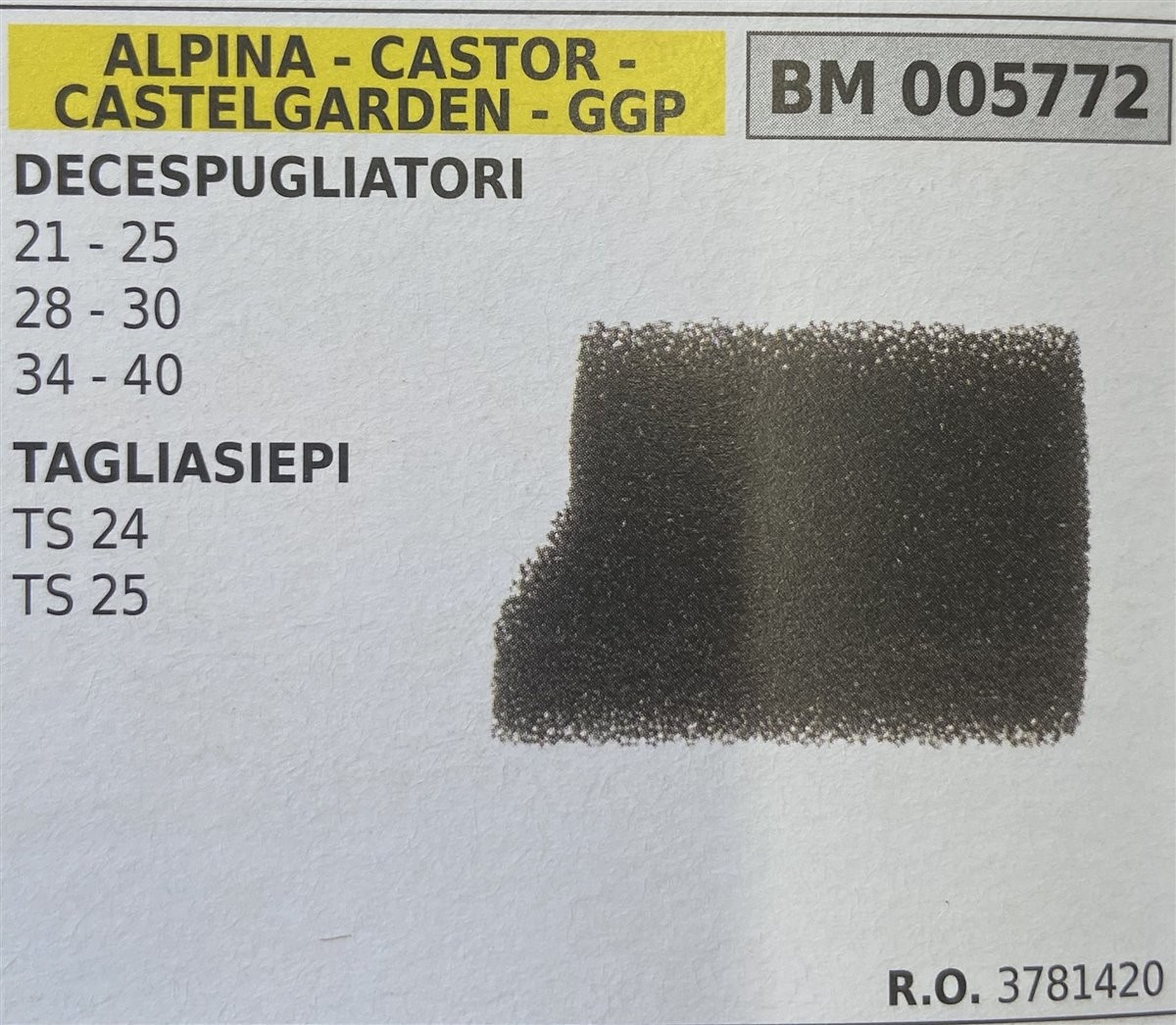 BRUMAR FILTRO ARIA ALPINA - CASTOR - CASTELGARDEN - GGP  DECESPUGLIATORI 21 - 25 28 - 30 34 - 40  TAGLIASIEPI TS 24 TS 25  R.O. 3781420