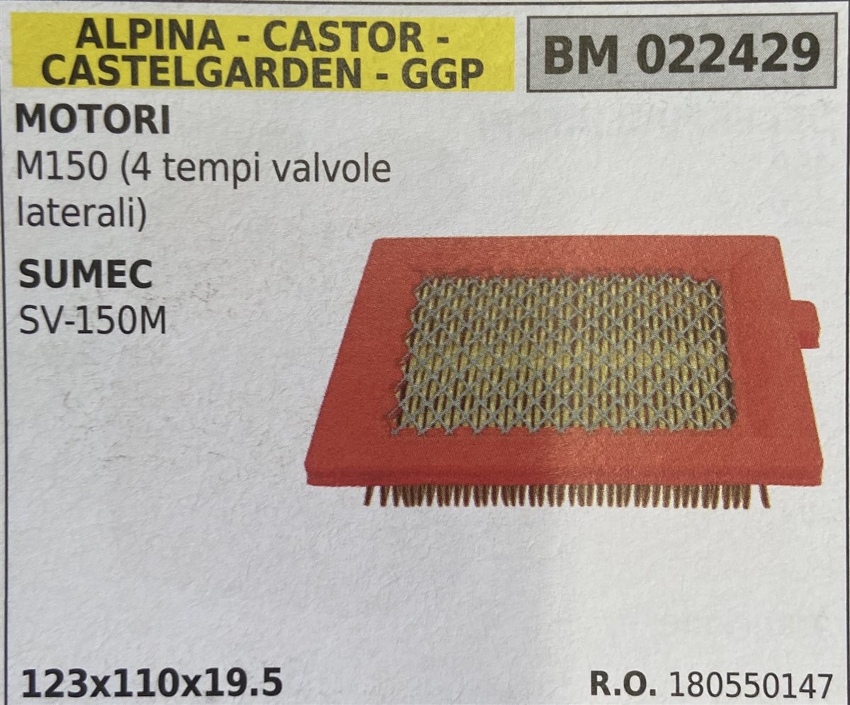 BRUMAR FILTRO ARIA ALPINA - CASTOR - CASTELGARDEN - GGP  MOTORI M150 (4 tempi valvole laterali)  SUMEC SV-150M  123x110x19.5 R.O. 180550147