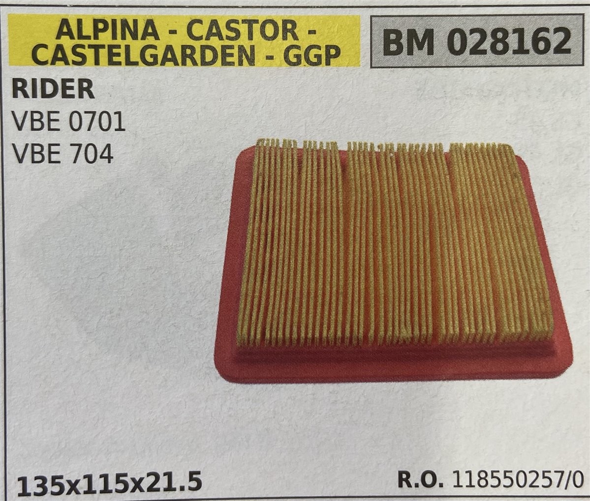 BRUMAR FILTRO ARIA ALPINA - CASTOR - CASTELGARDEN - GGP  RIDER VBE 0701 VBE 704  135x115x21.5 R.O. 118550257/0