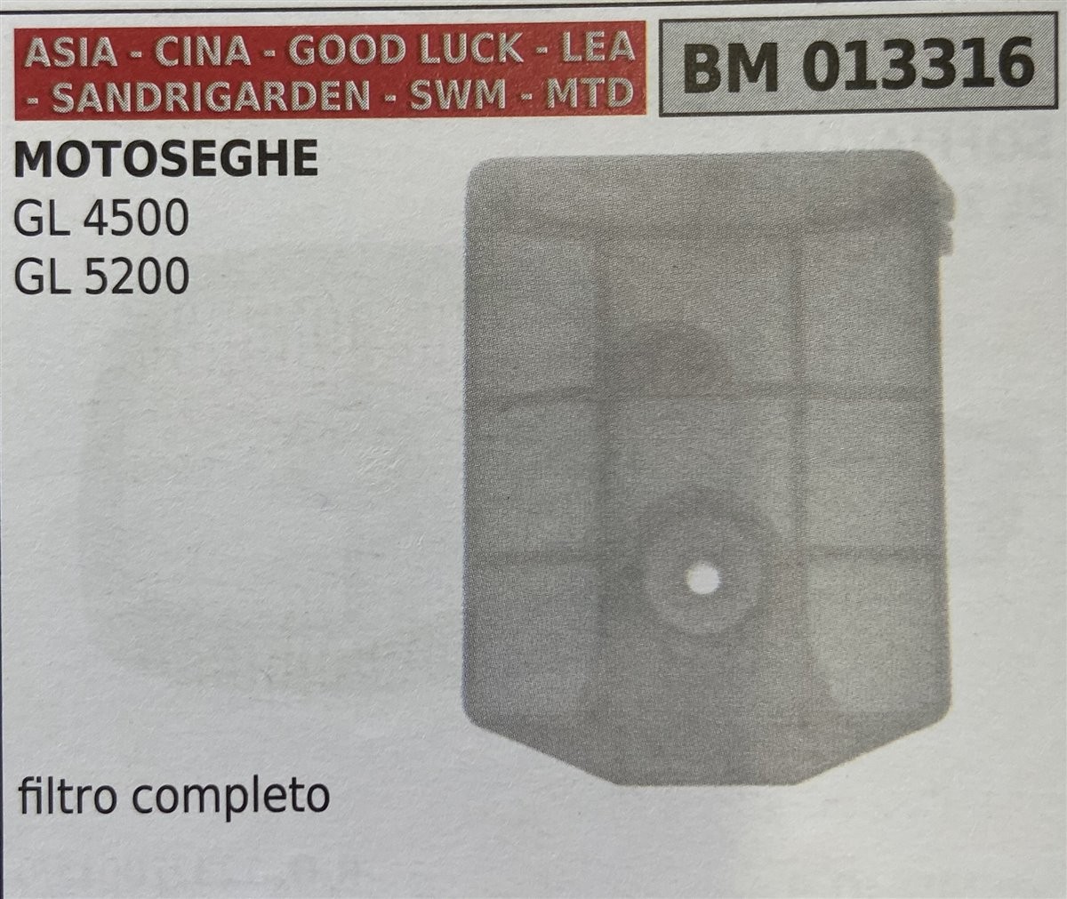 BRUMAR FILTRO ASIA - CINA - GOOD LUCK - LEA - SANDRIGARDEN - SWM - MTD  MOTOSEGHE GL 4500 GL 5200  filtro completo R.O. - 