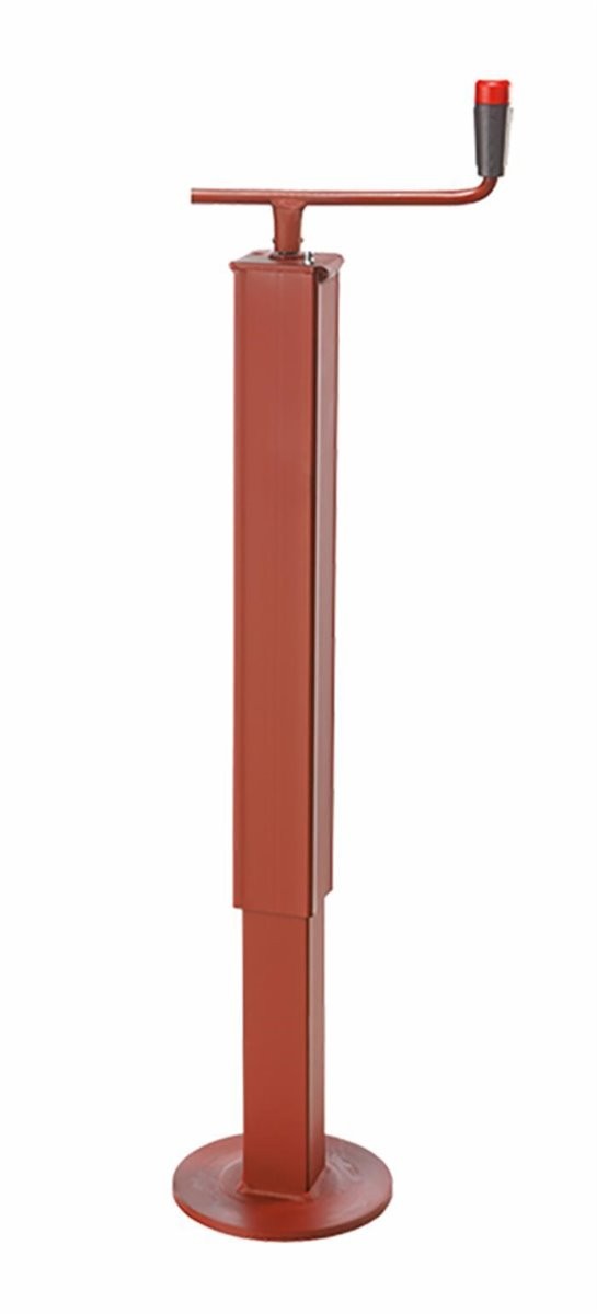 Piede d'appoggio con manovella superiore. Tubo esterno: 50x50 mm, altezza totale 530 mm. Corsa vite 210 mm. Portata statica massima 300 Kg