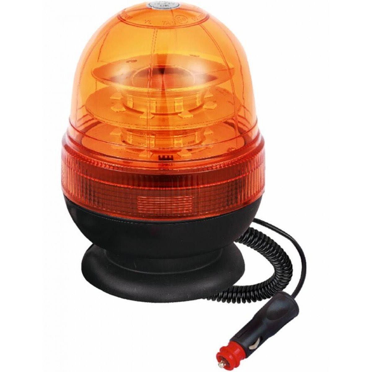 Lampeggiante girofaro LED 12-24V a base magnetica. 16 Led a 3W, IP66, tre molalità lumimose selezionabili : rotazione, flash singolo, flash veloce; temperatura d'esercizio -30°C a 60°C. Certificazioni: R10, CE, EMC, ECE R65