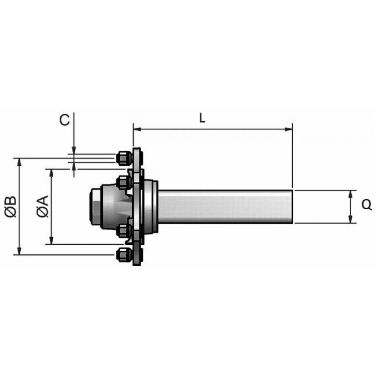 Semiasse senza freno tipo 6 fori, con la sezione quadrata Q=60,Cuscinetti 30208-30211. Interasse fori+battuta disco 205-160. Portata massima 2000kg e Velocità massima 40 Km/h.