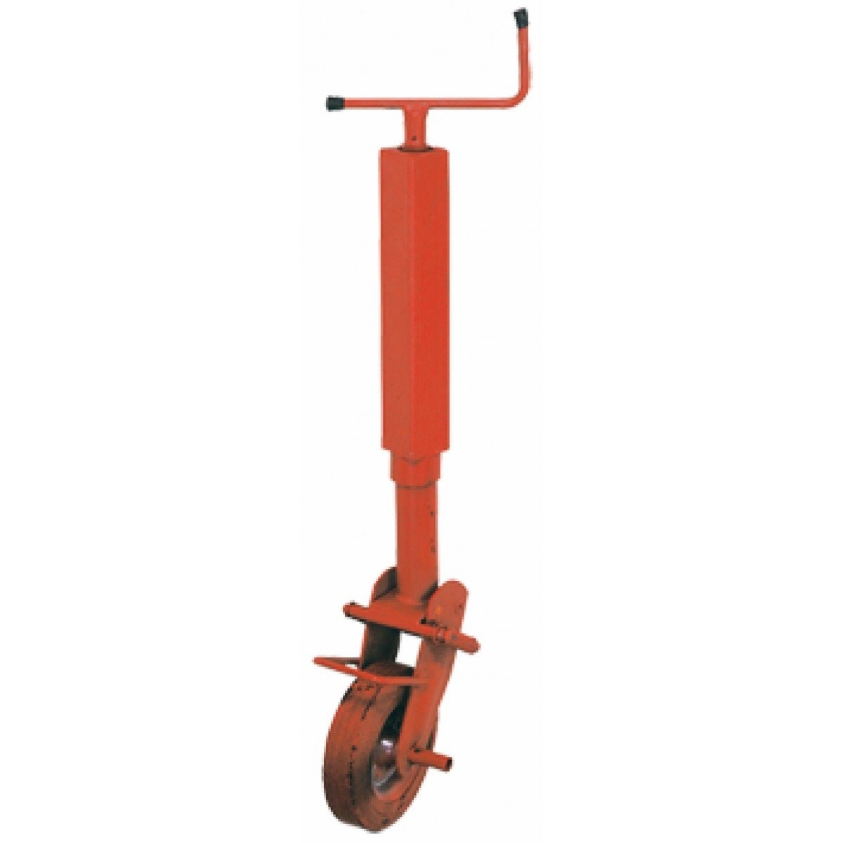Servotimone con ribaltamento semiautomatico e bloccaggio ruota a molla, sezione tubo 60x60mm, allungamento 240mm, carico verticale 200kg, ruota in gomma 200x60mm.