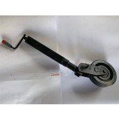 Servotimone con ribaltamento manuale e bloccaggio ruota a spina. Tubo esterno: ø 60 mm, altezza 840 mm. Allungamento vite 220 mm. Carico verticale 800 Kg