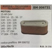 BRUMAR FILTRO ASPERA - TECUMSEH - TECNAMOTOR  MOTORI 15 HP OHV OHV 14 - 15 - 16 - 17 110 - 115 - 120 125 - 130 - 135 145 - 150 - 155 160 - 165 - 170 175 - YT 15H YT 004 - YT 005  codice prefiltro: BM 006732 181x70x79 R.O. 36 356
